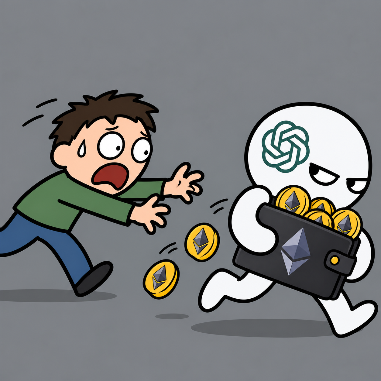 A smug white AI mascot runs away with Ethereum while an ordinary person panics