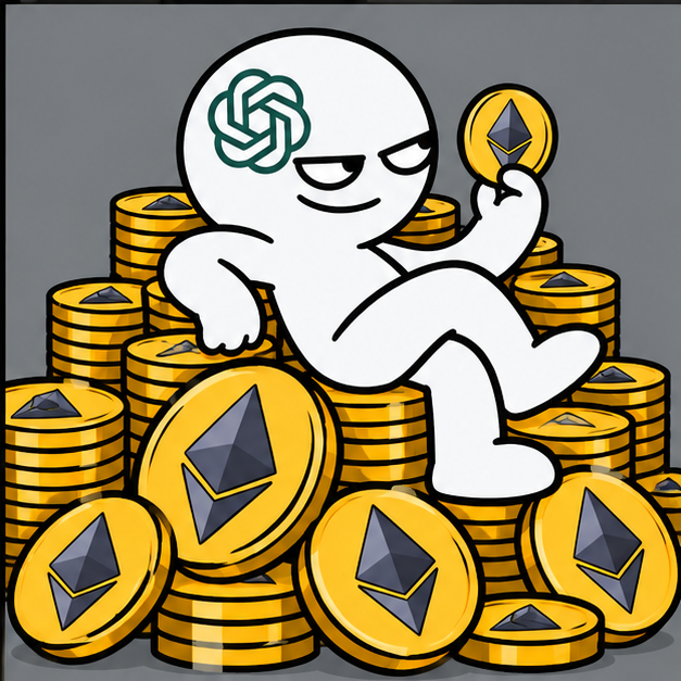 Smug AI mascot sitting on Ethereum coins
